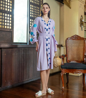 Monterosso Linen Embroidered Midi Dress  - Lilac