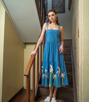 Tarapaca Embroidered Linen Dress  (Blue)