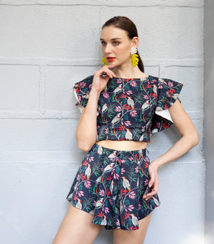 Priego Crop Top and Pleated Shorts Set (Navy Parrot Print)