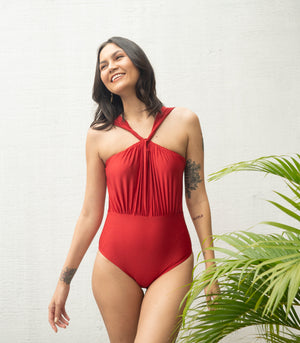 Kora Cross Halter Swimsuit (Crimson)