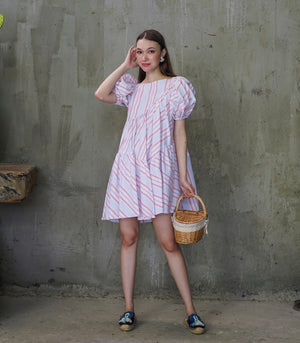 Maroni Puff Sleeve A-Line Tiered Dress (Stripes)