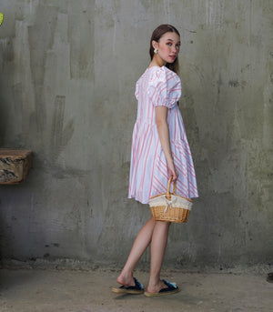 Maroni Puff Sleeve A-Line Tiered Dress (Stripes)