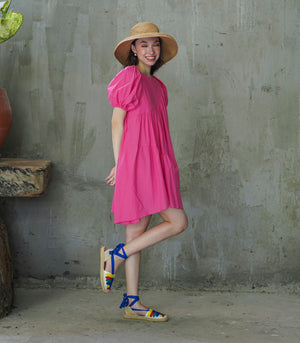 Maroni Puff Sleeve A-Line Tiered Dress (Fuchsia)