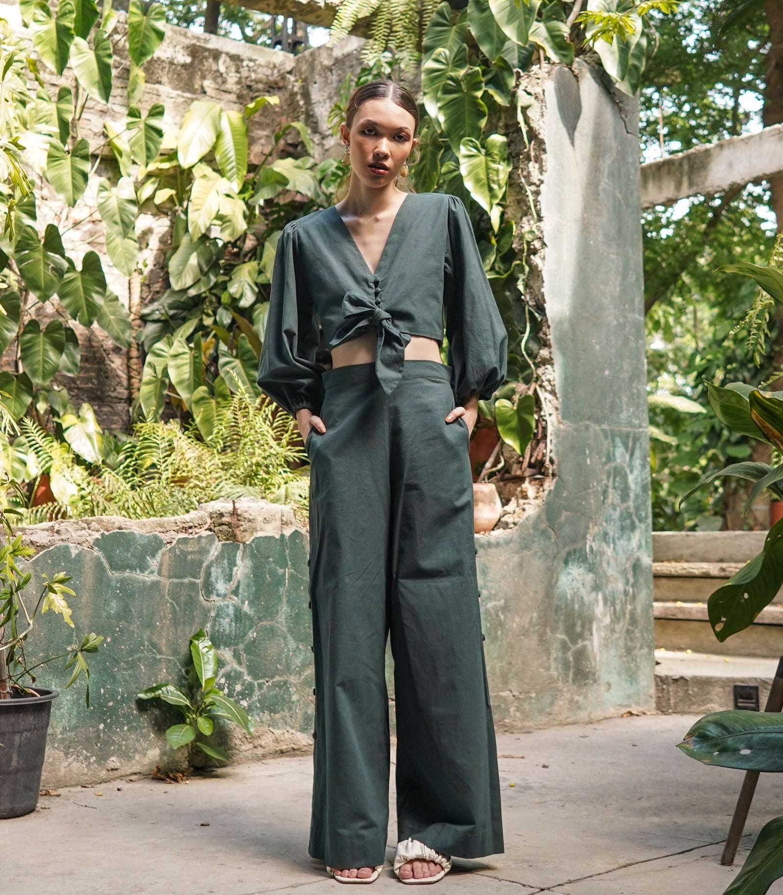 Kourou Button-Down Top and Pants Set (Hunter)