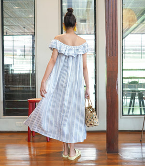 Jonkoping Off-the-Shoulder Ruffle Maxi Dress (Blue Stripes)