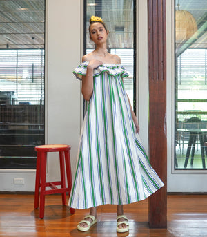 Jonkoping Off-the-Shoulder Ruffle Maxi Dress (Green Stripes)
