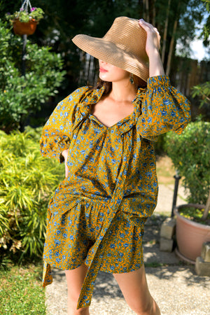 Ruffle Top and Shorts Set in Dark Mustard with Blue Bellflowers