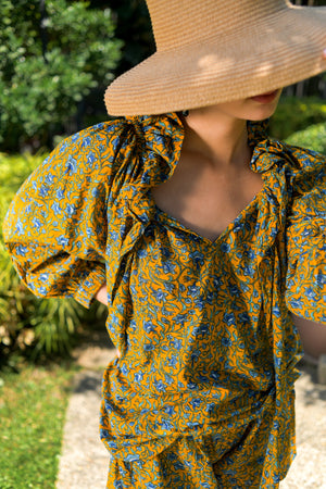 Ruffle Top and Shorts Set in Dark Mustard with Blue Bellflowers