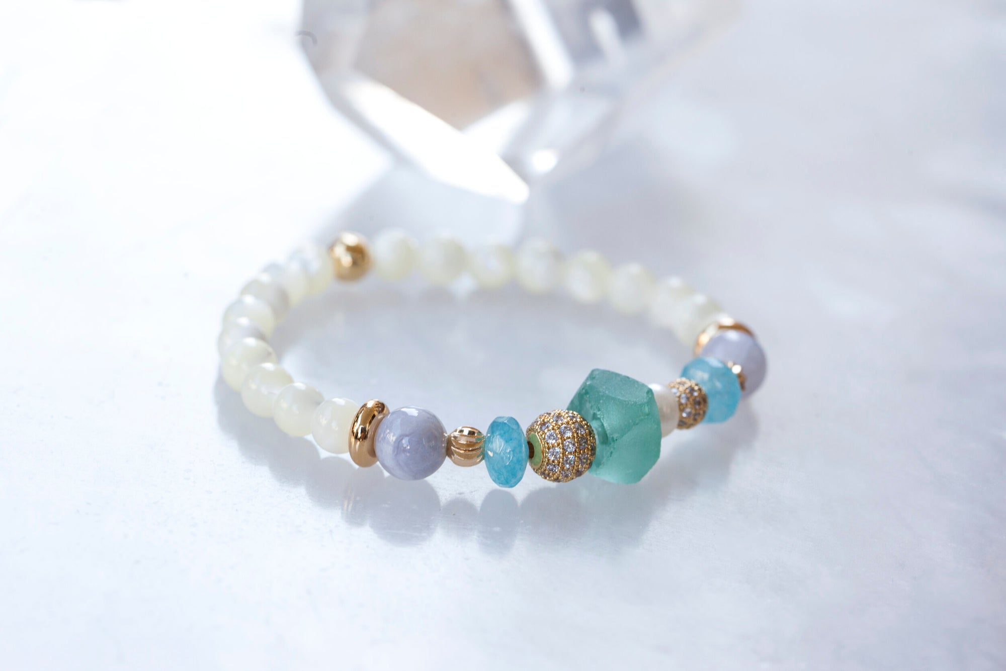 Serenity Bracelet with Blue Lace Agate, and Blue Sponge Quartz, Freshwater Pearl and Mother of Pearl (for women) SER-AW1