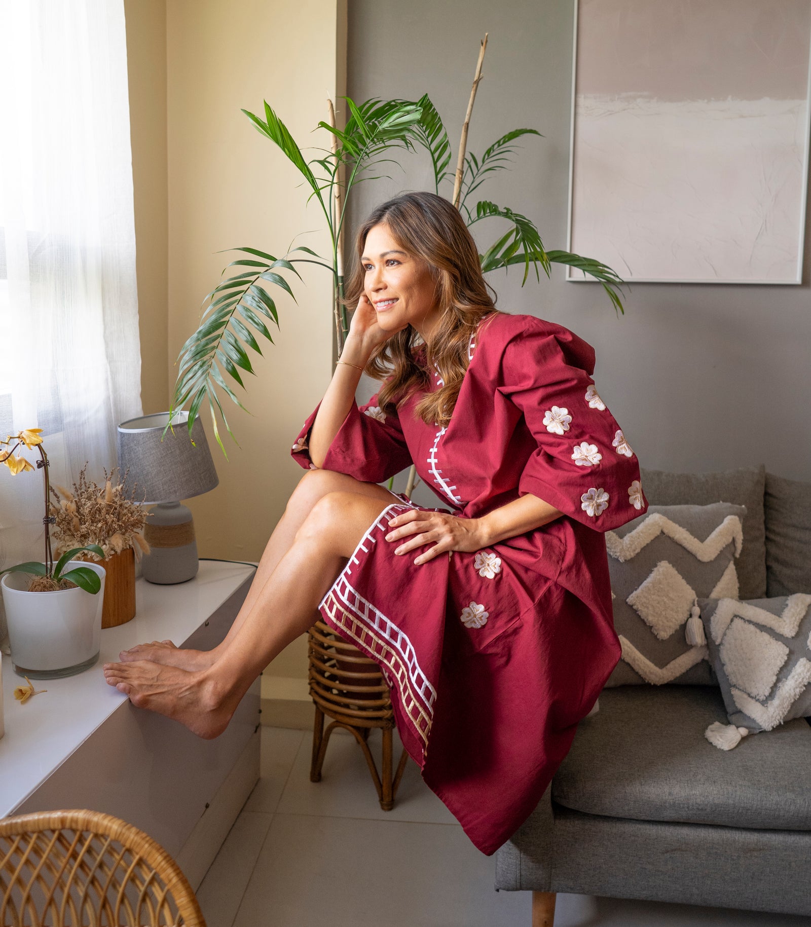 Candarave Linen Embroidered Dress (Maroon)