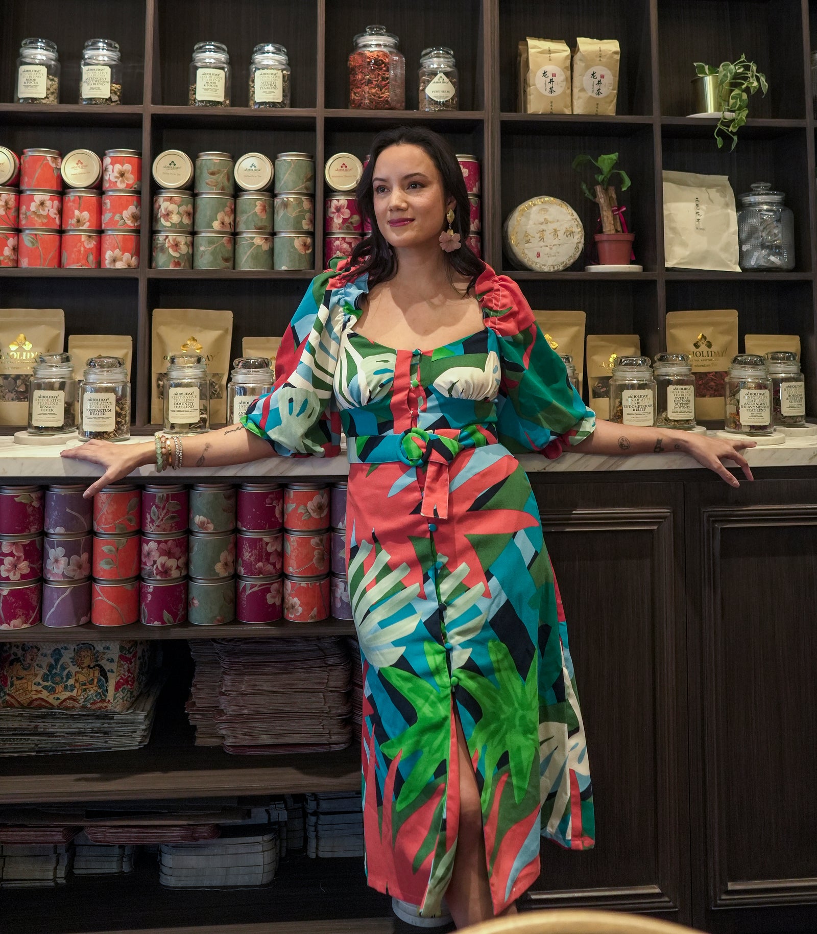 Arethusa Puff Sleeve Dress (Tropical Print)