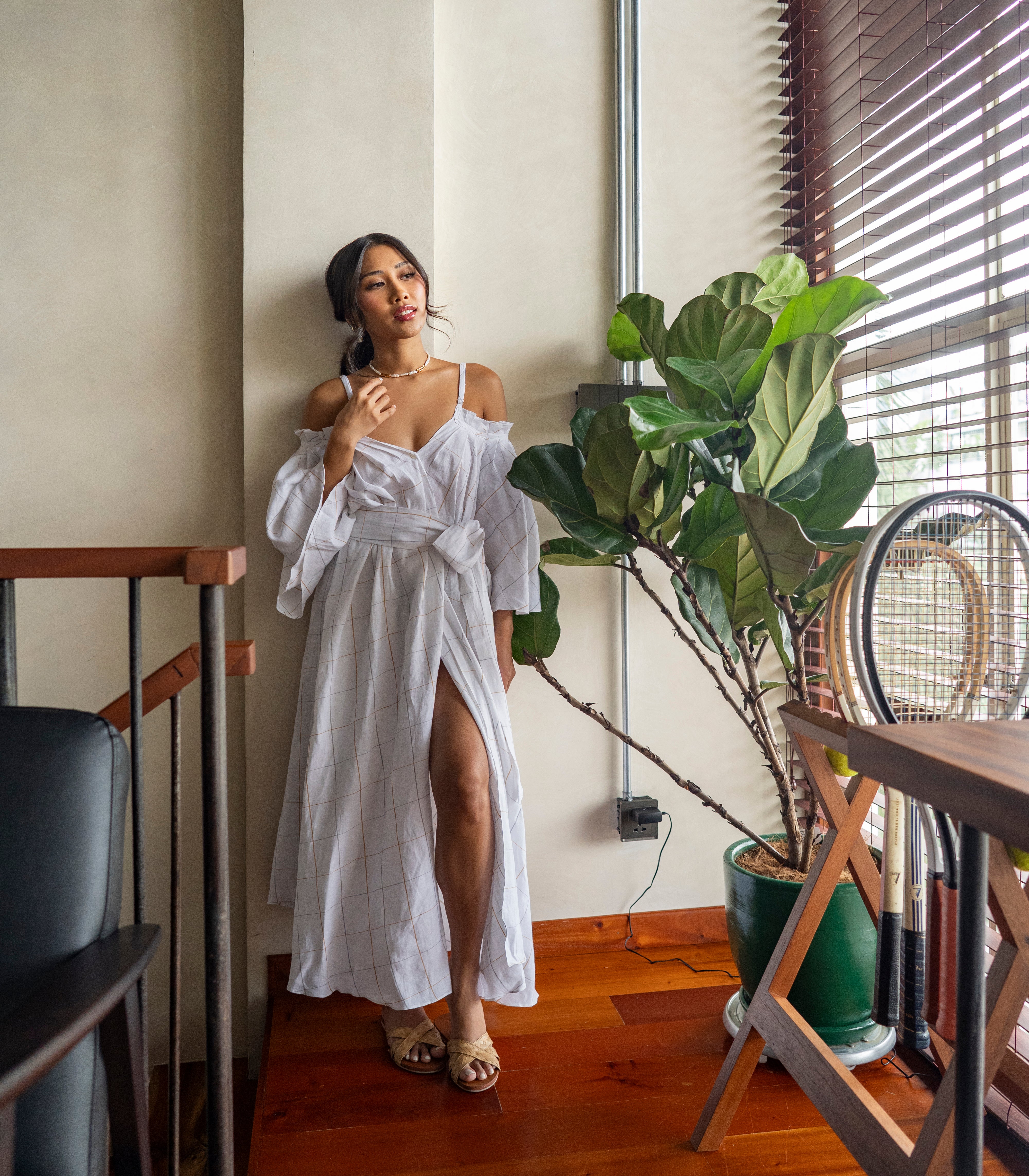 Medea Off-Shoulder Wrap Dress (Checkered) - Seek The Uniq