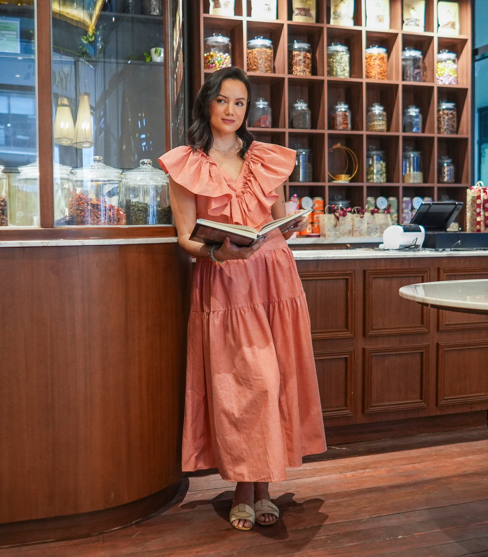 Riwaka  Ruffle Sleeve Tiered Dress (Salmon)