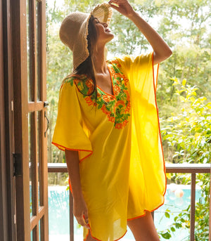 Segovia Embroidered Short Caftan (Lemon)