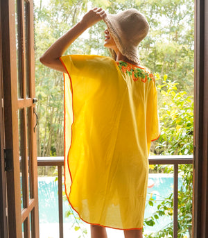 Segovia Embroidered Short Caftan (Lemon)