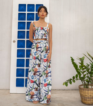 Marana Tha Morelia Sleeveless Pleated Crop Top and Pants Set (Woodsy Print)