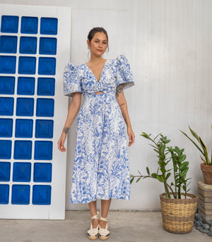 Marana Tha Guarne Cutout Midi Dress (Cream Blue Print)