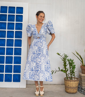 Marana Tha Guarne Cutout Midi Dress (Cream Blue Print)
