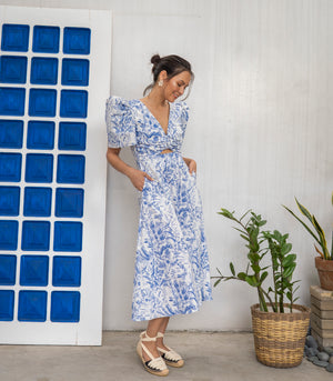 Marana Tha Guarne Cutout Midi Dress (Cream Blue Print)