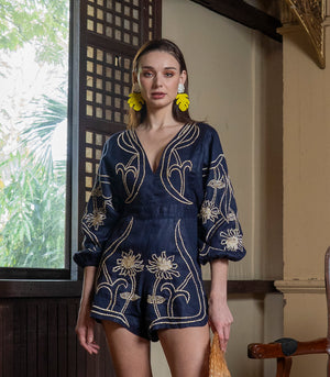 Varadero Embroidered Linen Playsuit (Navy)