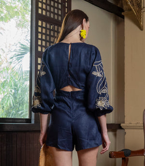 Varadero Embroidered Linen Playsuit (Navy)