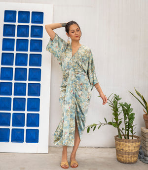 Marana Tha Renata Kimono Midi Dress (Sage Cherry Print))