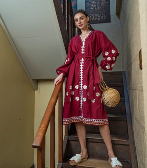 Candarave Linen Embroidered Dress (Maroon)