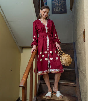 Candarave Linen Embroidered Dress (Maroon)