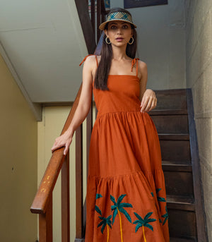 Tarapaca Embroidered Linen Dress  (Rust)