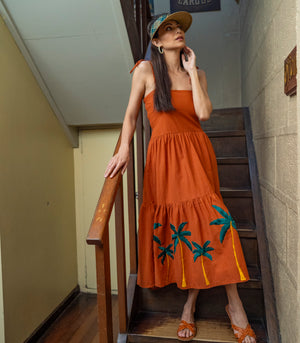 Tarapaca Embroidered Linen Dress  (Rust)