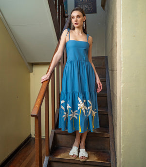 Tarapaca Embroidered Linen Dress  (Blue)