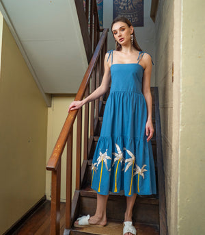 Tarapaca Embroidered Linen Dress  (Blue)