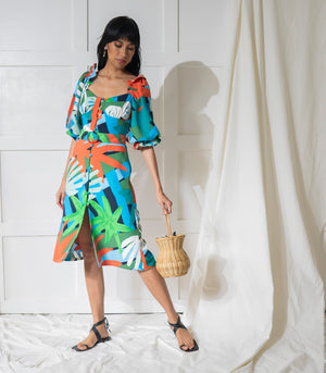 Arethusa Puff Sleeve Dress (Tropical Print)