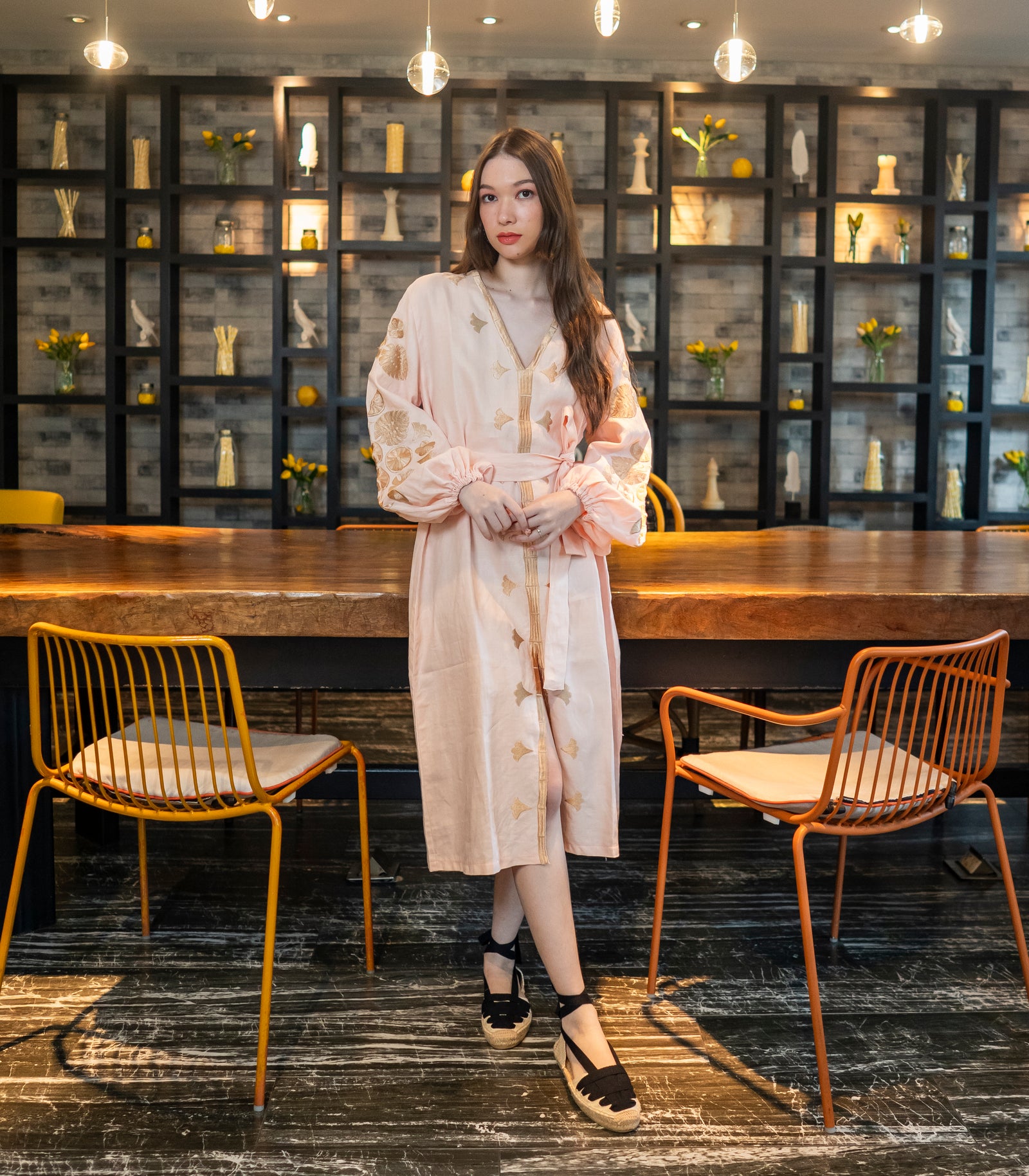 Monterosso Linen Embroidered Midi Dress  -  Peach