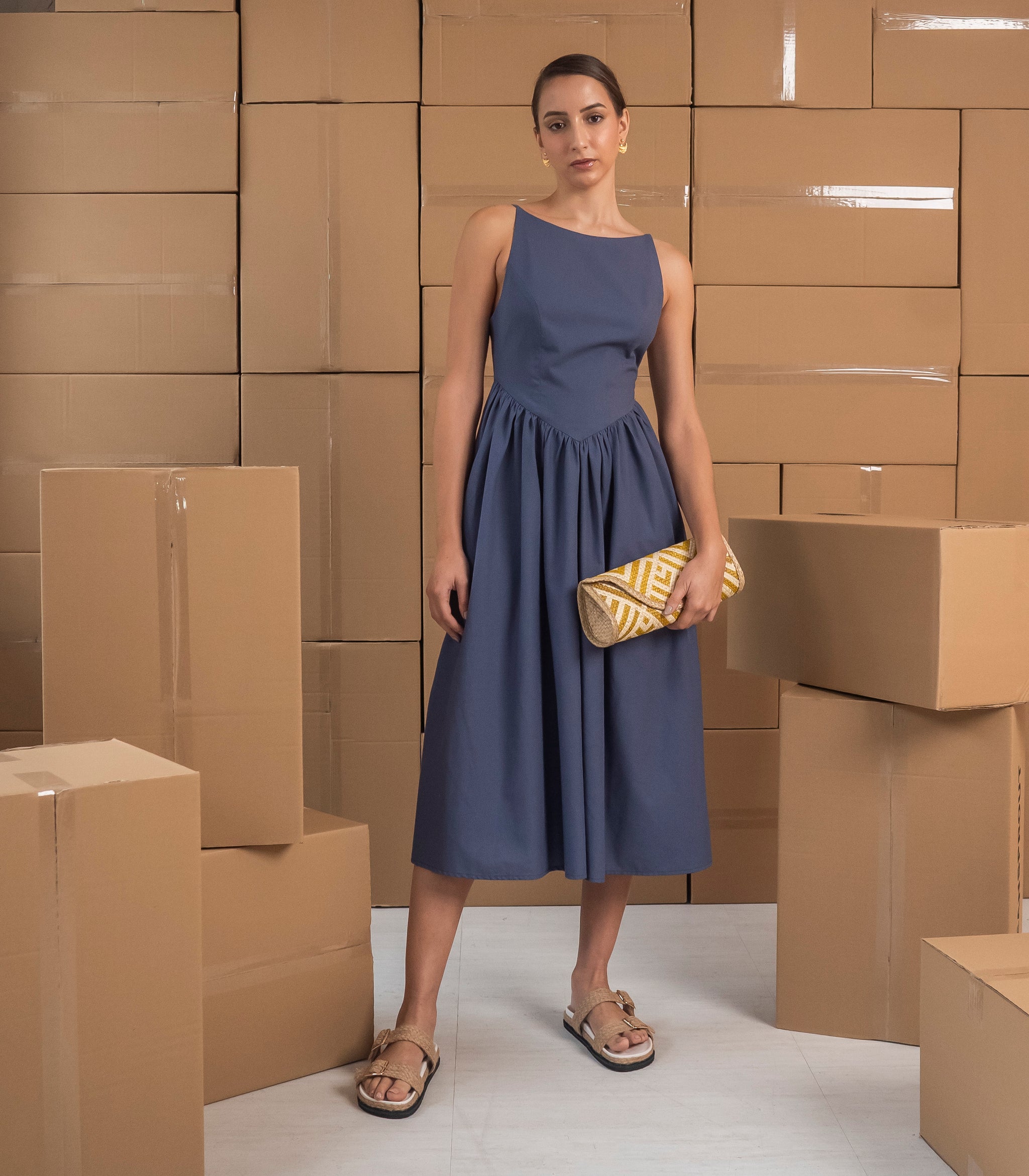Yslana Boat Neck Basque Waist Midi Dress (Blue) Yslana Boat Neck Basque Waist Midi Dress (Blue)