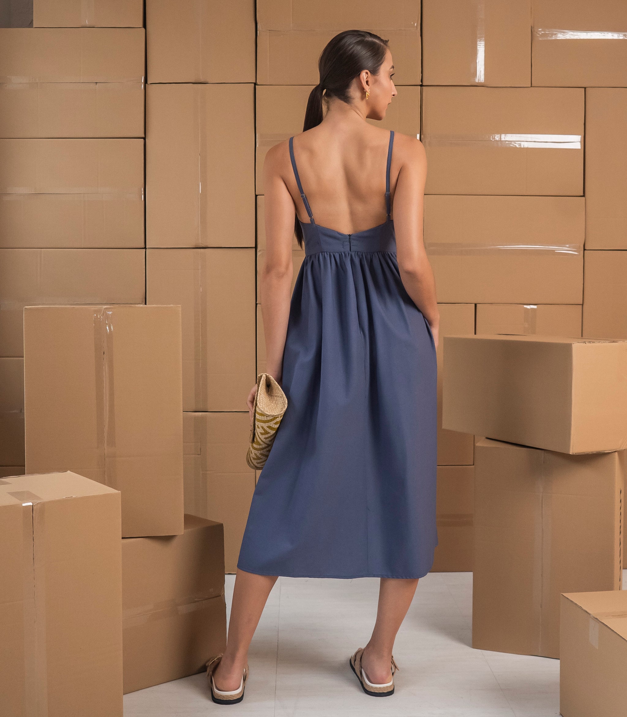Yslana Boat Neck Basque Waist Midi Dress (Blue) - Seek The Uniq Yslana Boat Neck Basque Waist Midi Dress (Blue) - Seek The Uniq