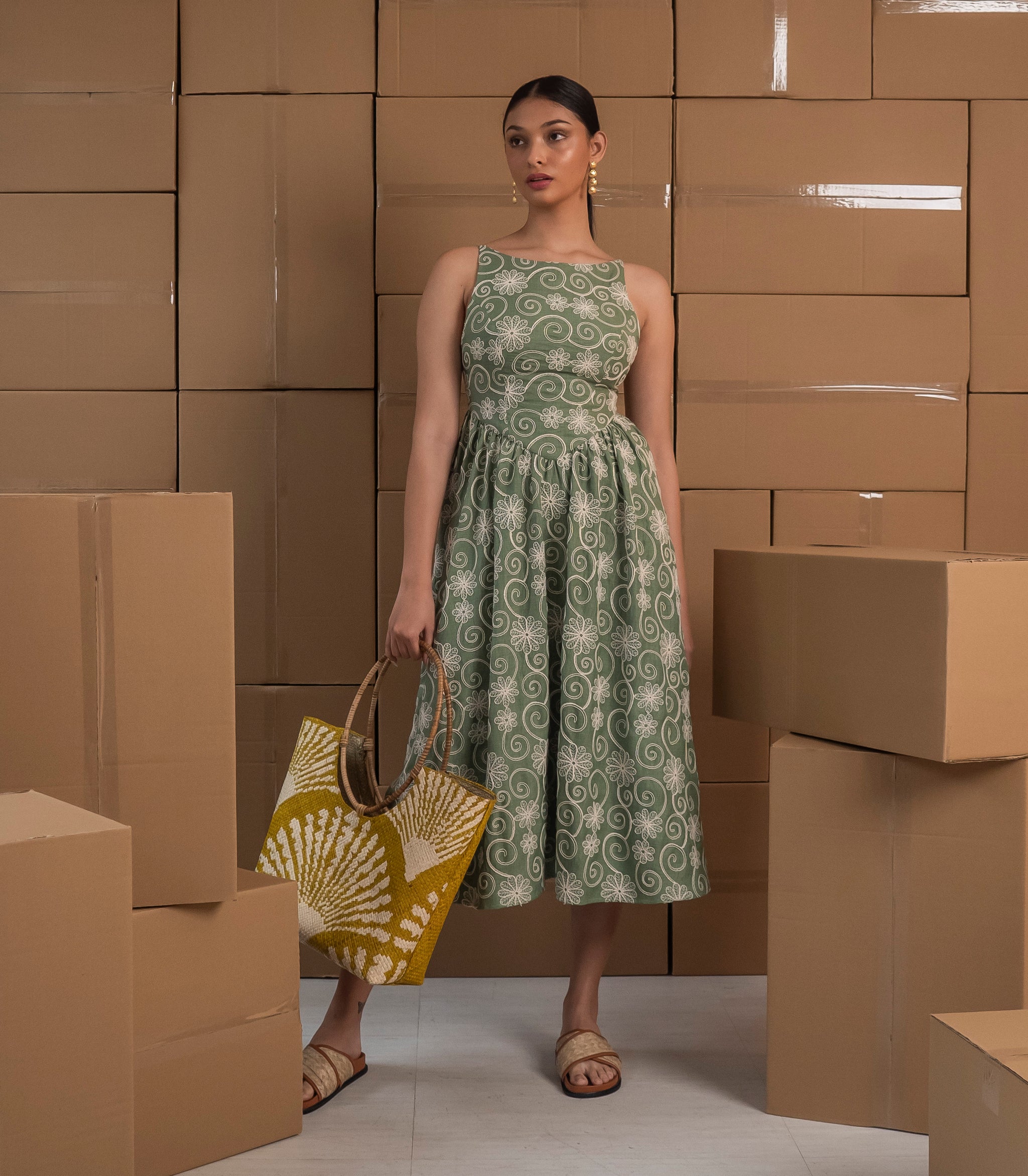 Yslana Boat Neck Basque Waist Midi Dress (Pickle) - Seek The Uniq Yslana Boat Neck Basque Waist Midi Dress (Pickle) - Seek The Uniq