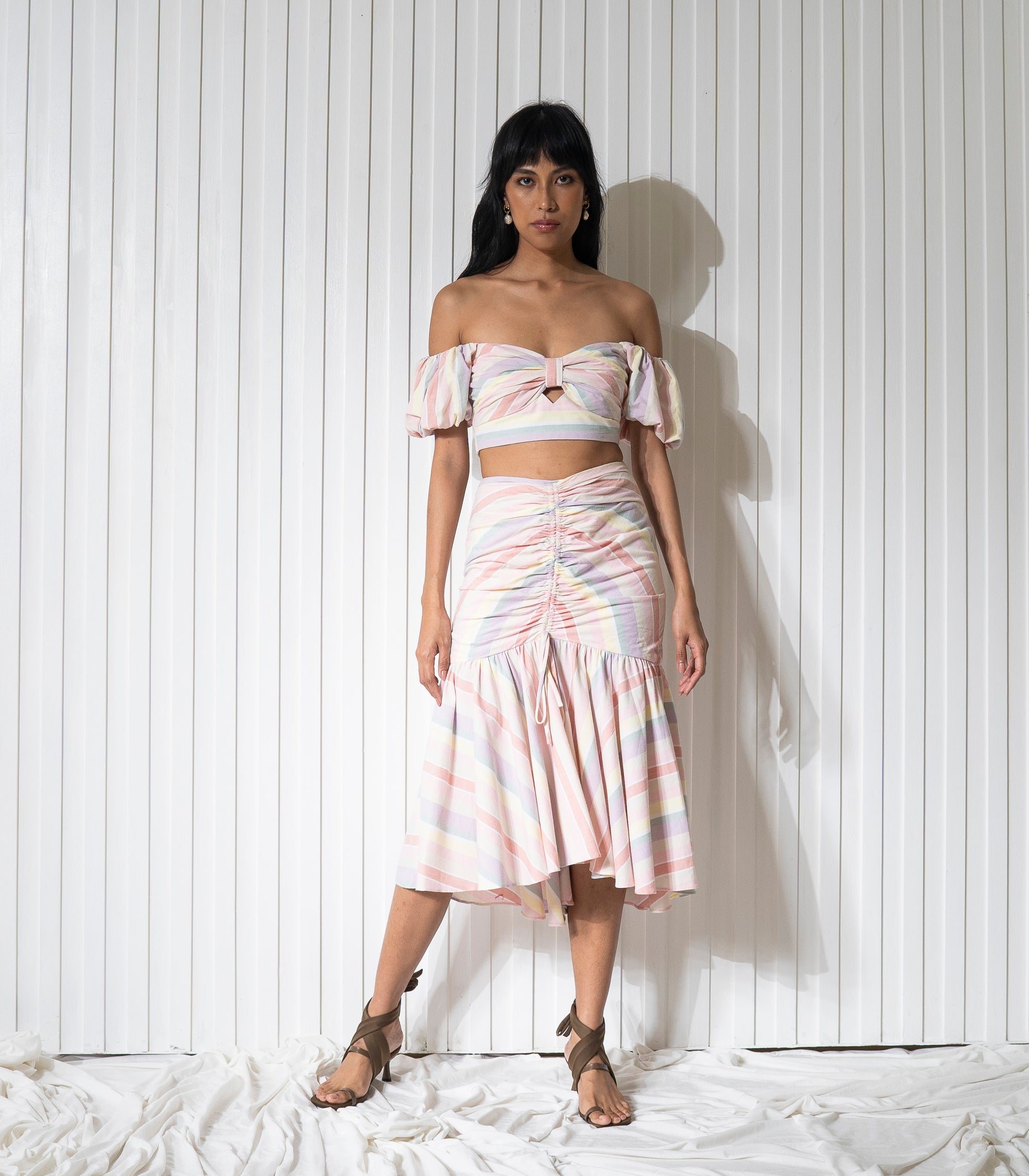 Zarah Off-the-Shoulder Top and Skirt Set Candy Stripe