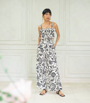 Marana Tha Morelia Sleeveless Pleated Crop Top and Pants Set (Black Floral Print)