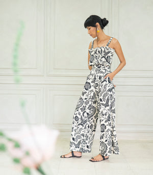 Marana Tha Morelia Sleeveless Pleated Crop Top and Pants Set (Black Floral Print)