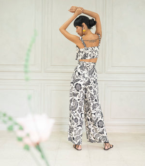 Marana Tha Morelia Sleeveless Pleated Crop Top and Pants Set (Black Floral Print)