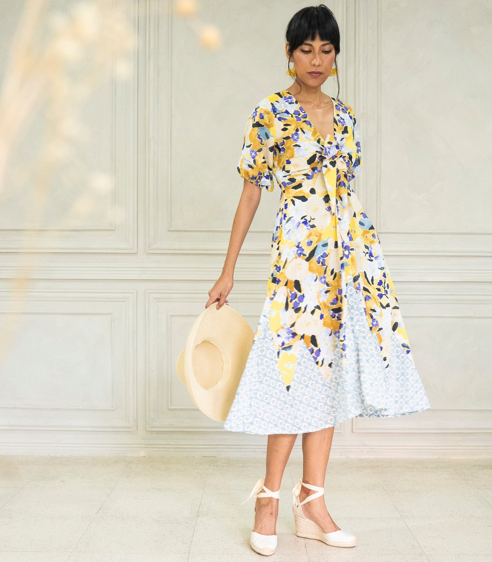 Marana Tha Caiano Tie-Front Cutout Button-Down Midi Dress (Printed Aqua)