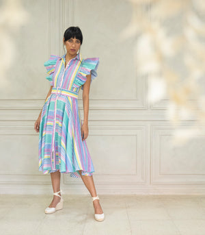 Marana Tha Empoli Ruffle Button-Down Belted Midi Dress (Candy Stripes)