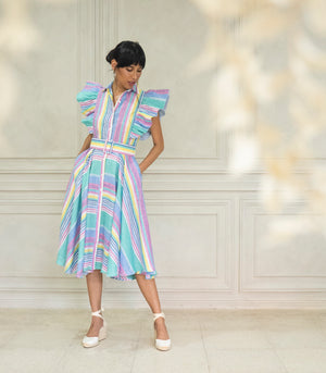 Marana Tha Empoli Ruffle Button-Down Belted Midi Dress (Candy Stripes)