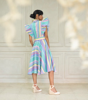 Marana Tha Empoli Ruffle Button-Down Belted Midi Dress (Candy Stripes)