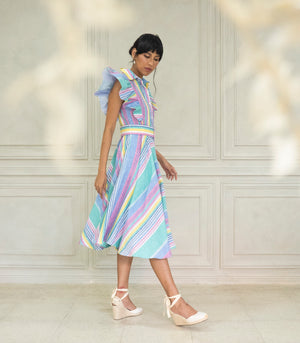 Marana Tha Empoli Ruffle Button-Down Belted Midi Dress (Candy Stripes)