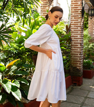 Florence Fling Maeko Tiered Puff Sleeve Dress (White)