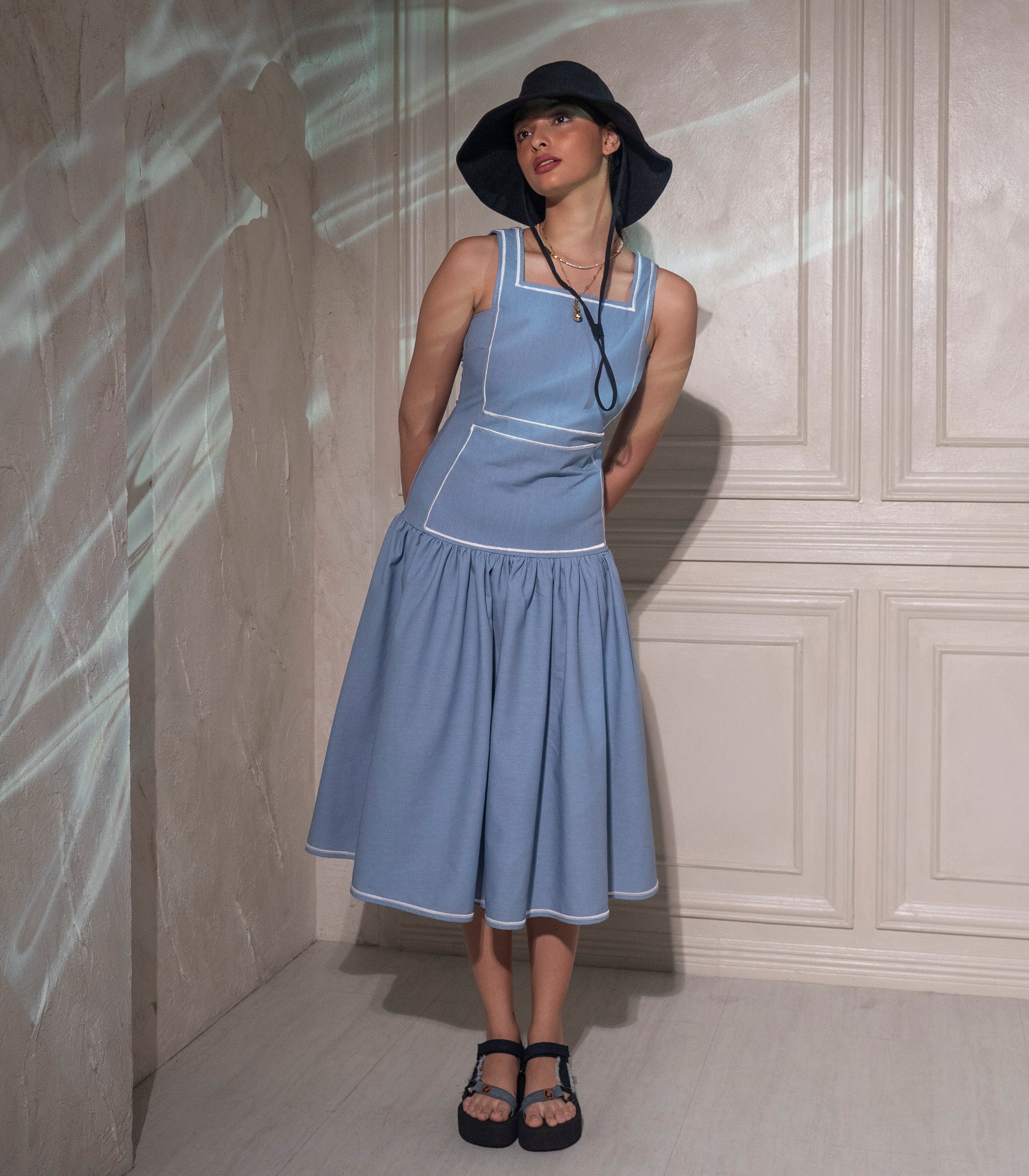 Mandera Drop Waist Midi Dress ( Cornflower ) Mandera Drop Waist Midi Dress ( Cornflower )
