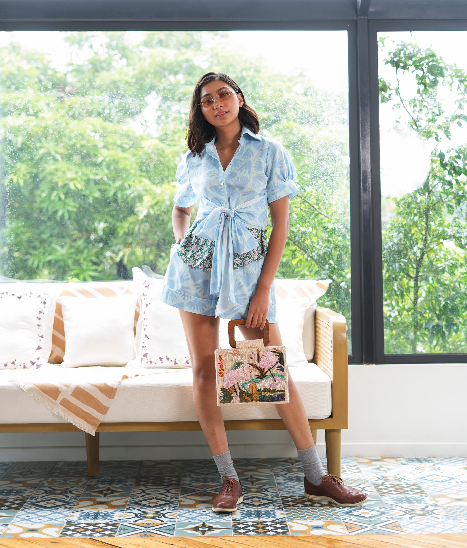 Marana Tha Vera Shorts Set (Blue with Green Print)