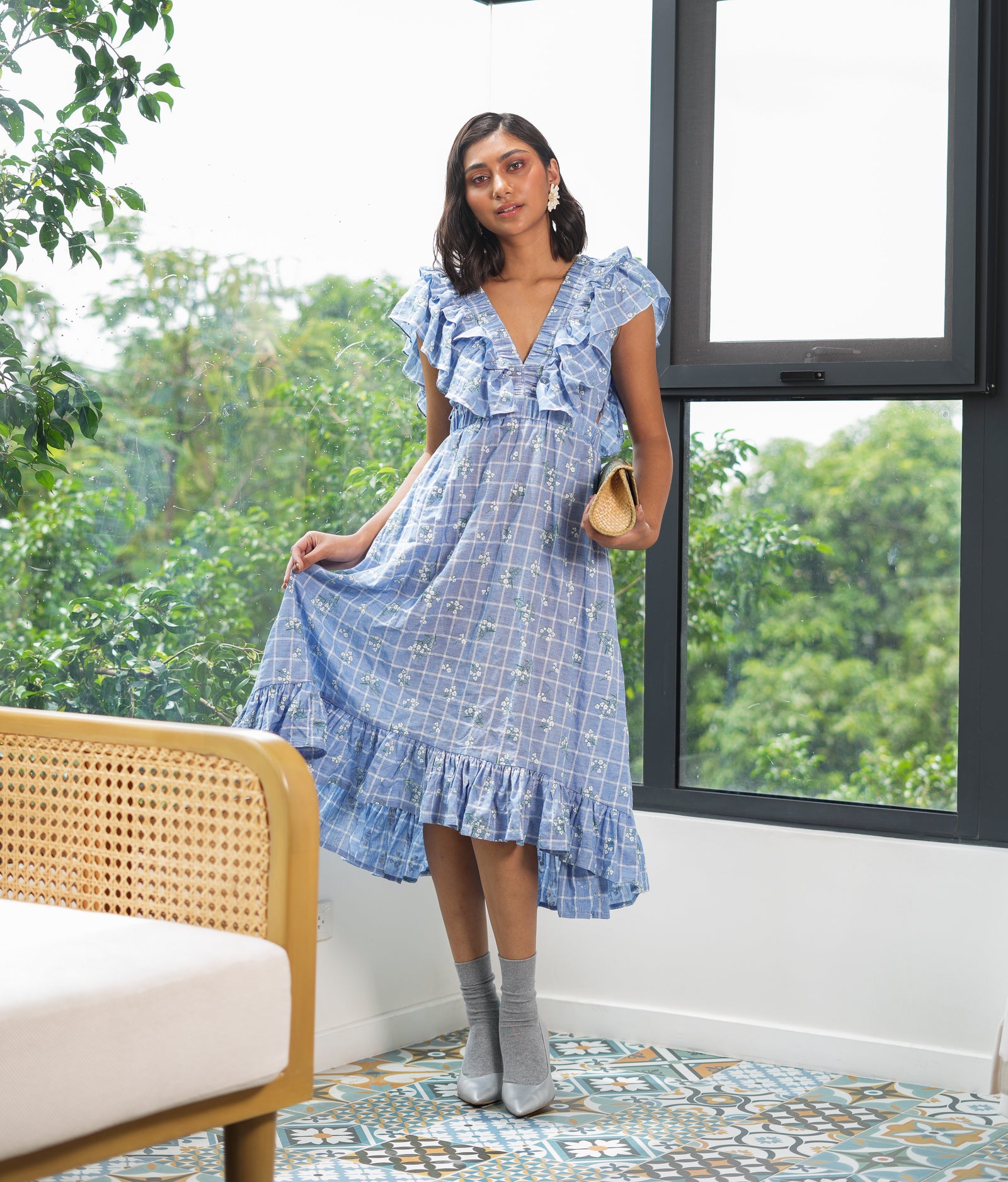 Marana Tha Tayla Ruffle Cutout Dress (Blue Cotton)